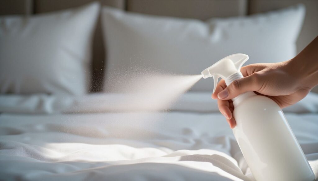 Hand sprüht Reinigungsmittel auf einen Matratzenschutz, um die Hygiene und Frische im Bett zu erhalten.