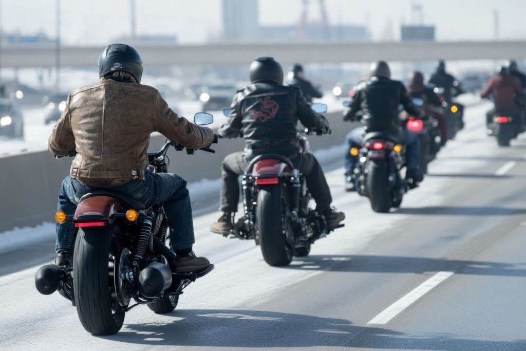 Gruppe von Motorradfahrern auf einer belebten Straße, ausgerüstet mit Motorradbekleidung von Held – Sicherheit und Style für jede Tour.