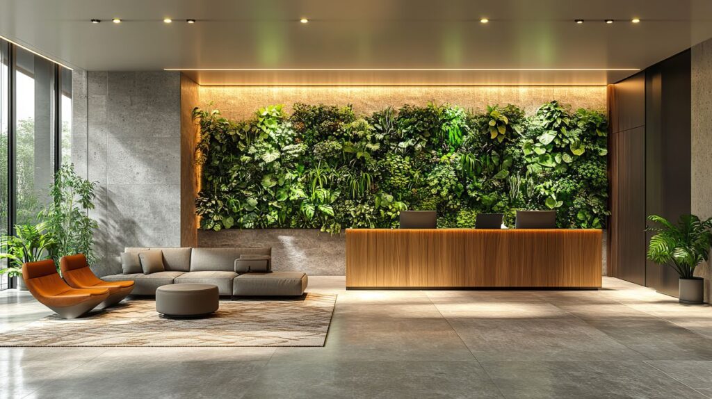 Design-Lobby mit grosser vertikaler Mooswand, begruenter Pflanzenwand, Holzmobiliar und stilvoller Beleuchtung
