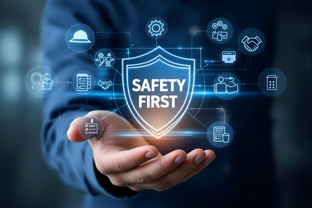 Digitale Grafik mit Schrift Safety First | Arbeitsschutz E-Learning