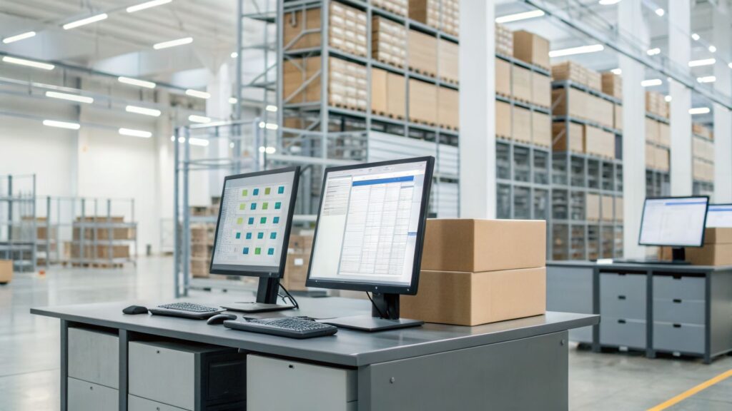 Zwei Computerarbeitsplaetze in einem Lager mit Versandkartons – digitales Management und Etikettierung mit Etiketten Drucker im Hintergrund