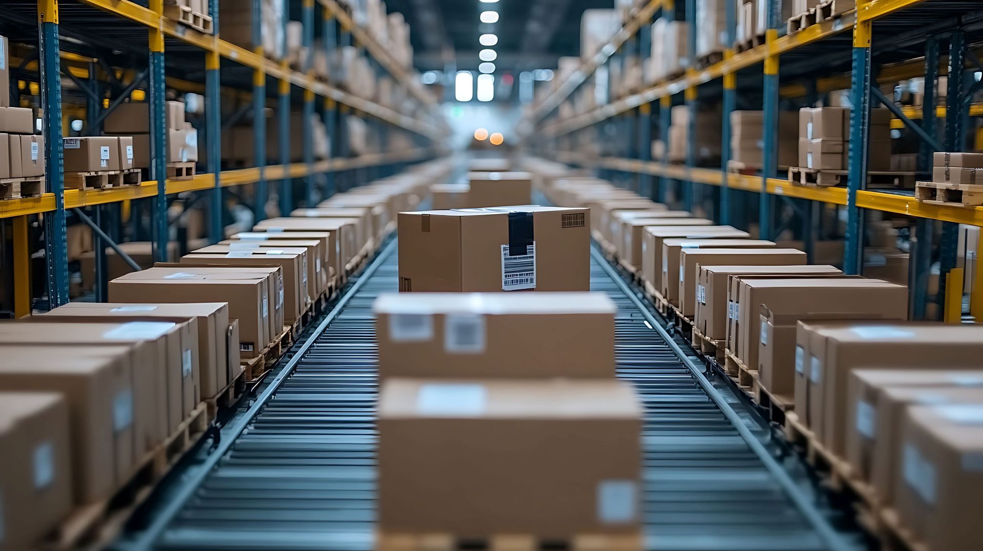 Vielzahl von Kartons mit Versandetiketten auf Foerderband – automatisierte Lagerlogistik mit Etiketten Drucker