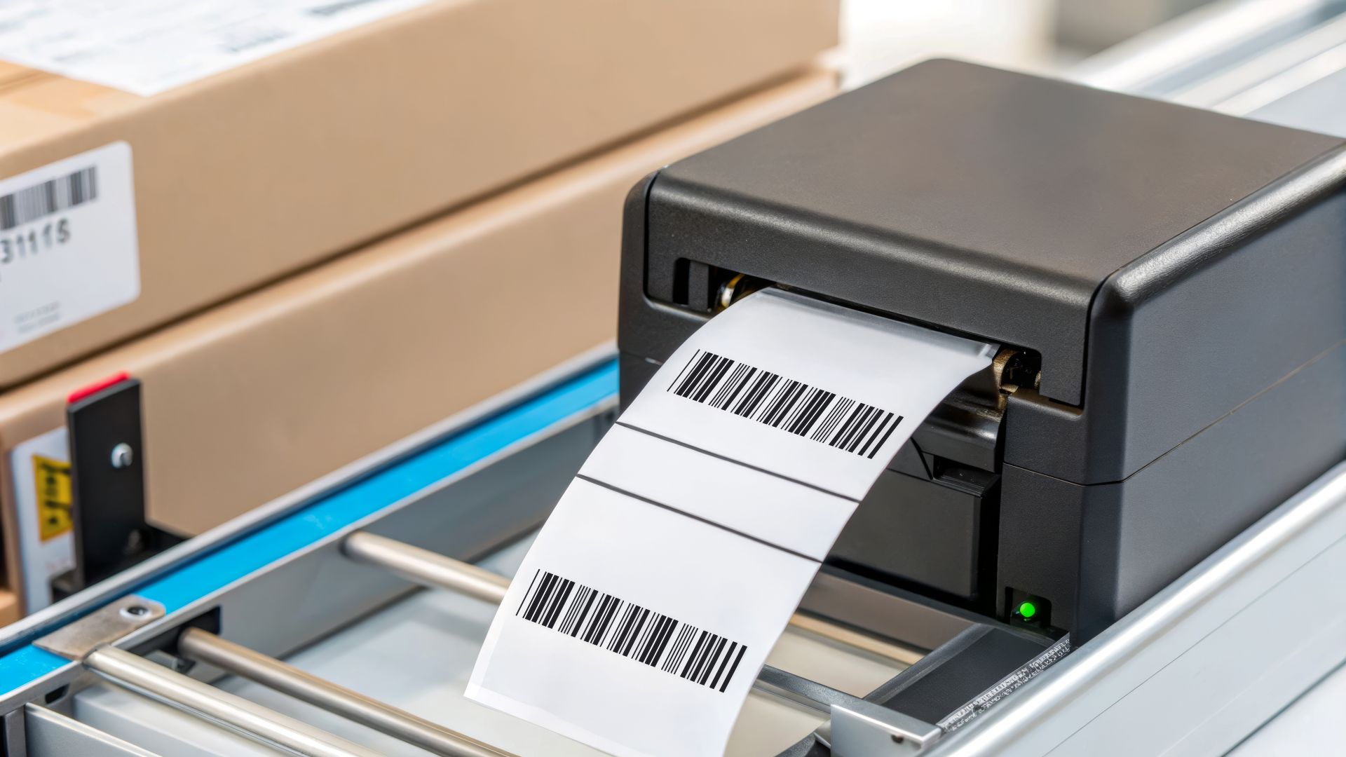Nahaufnahme eines Etiketten Druckers beim Drucken von Barcode Etiketten – Einsatz in der Versandlogistik